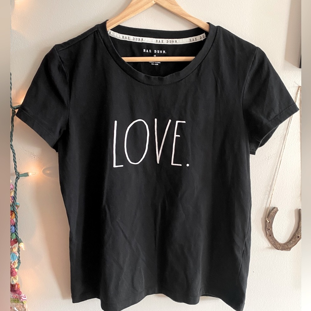 Rae Dunn, LOVE T-Shirt, Black w/ white font, M